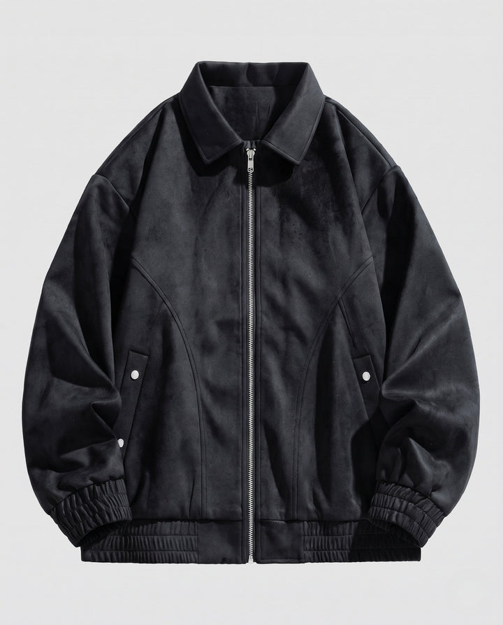 Herr Oversized Suede Look Zip Jacka med Skjorta Krage, Elastisk Muddar och Lock Fickor