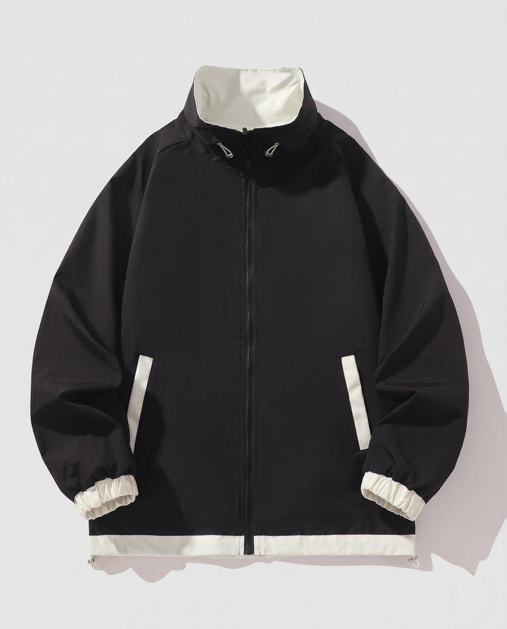 Unisex Reversible Oversized Vindjacka med Ståkrage, Contrast Detaljer och Fåll med Dragsko