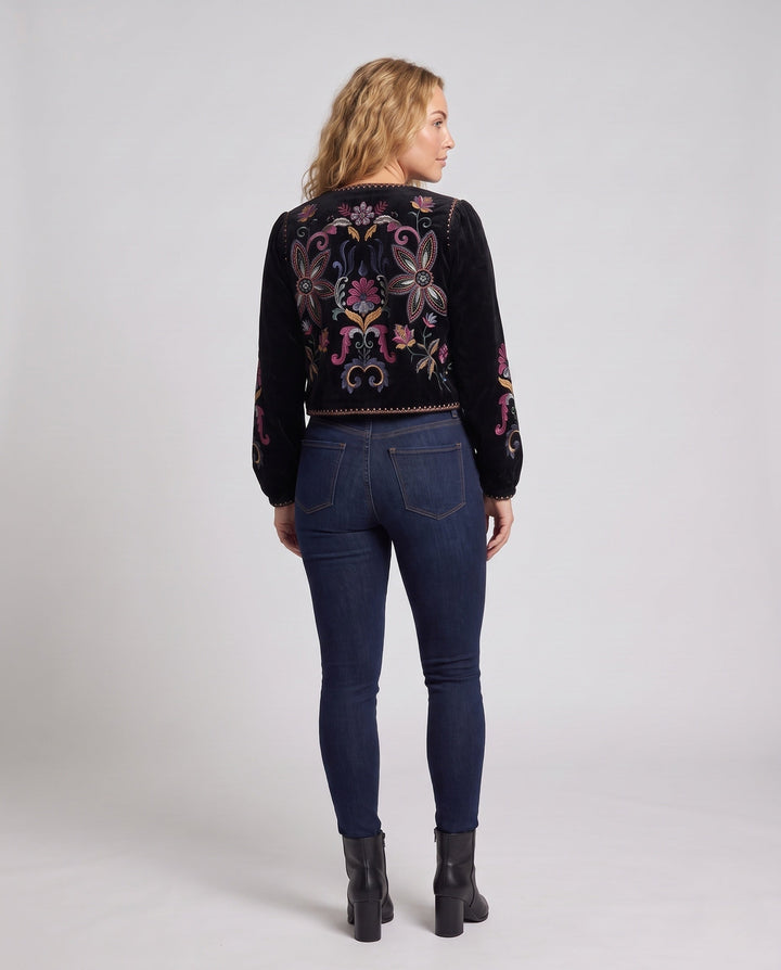 Dam Embroidered Sammet Kort Jacka med Blommig Embroidery