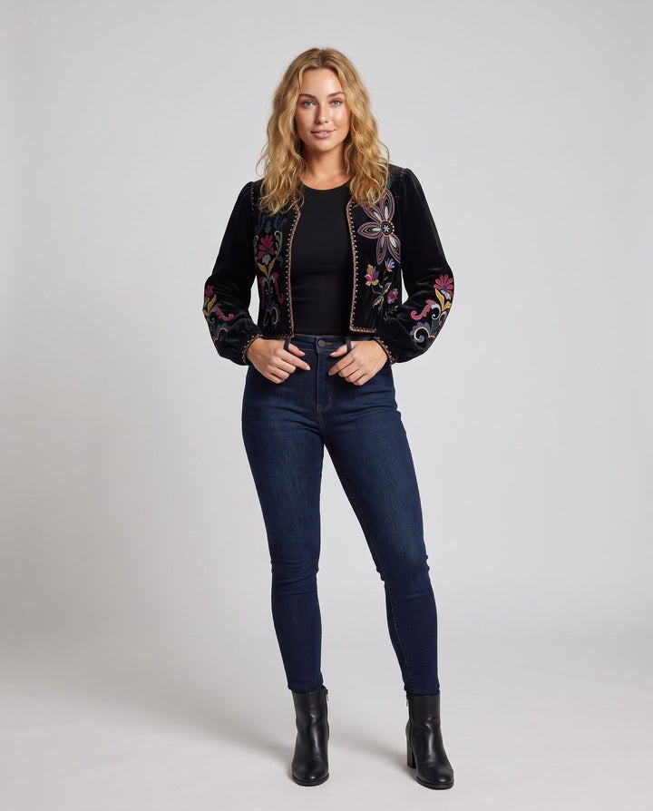Dam Embroidered Sammet Kort Jacka med Blommig Embroidery
