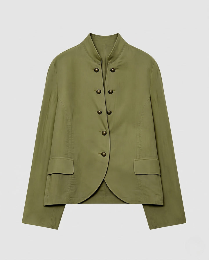 Dam Kort Militär Jacka med Ståkrage, Decorative Dubbelknäppt Slå och Lockfickor