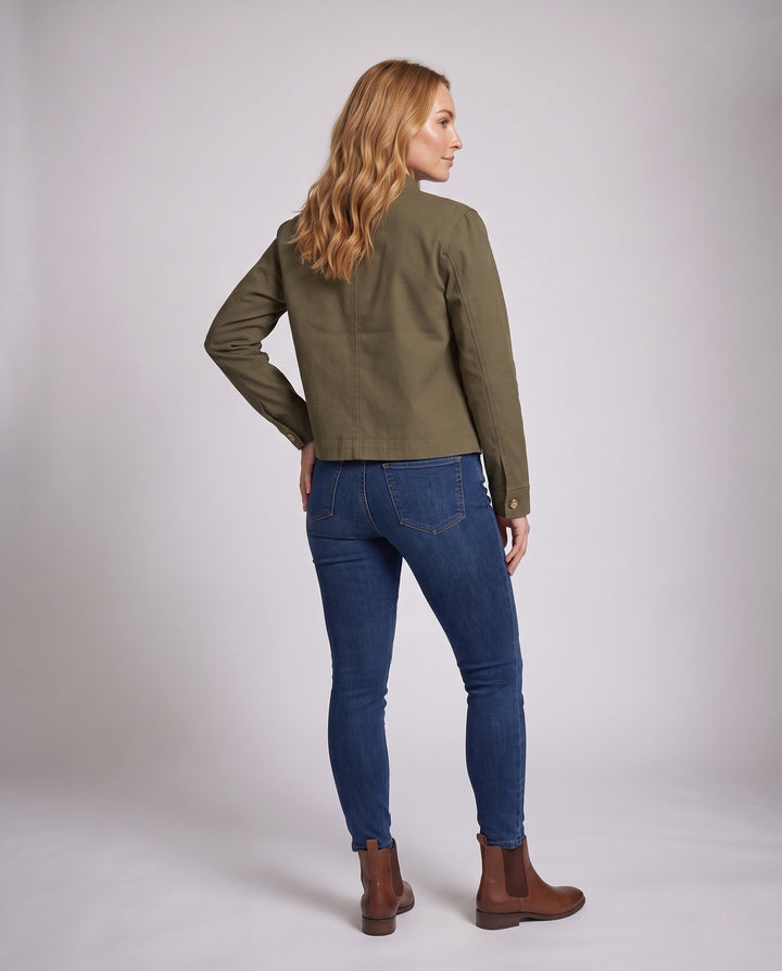 Dam kort Boxy denimjacka med Round Neck och utanpåfickor
