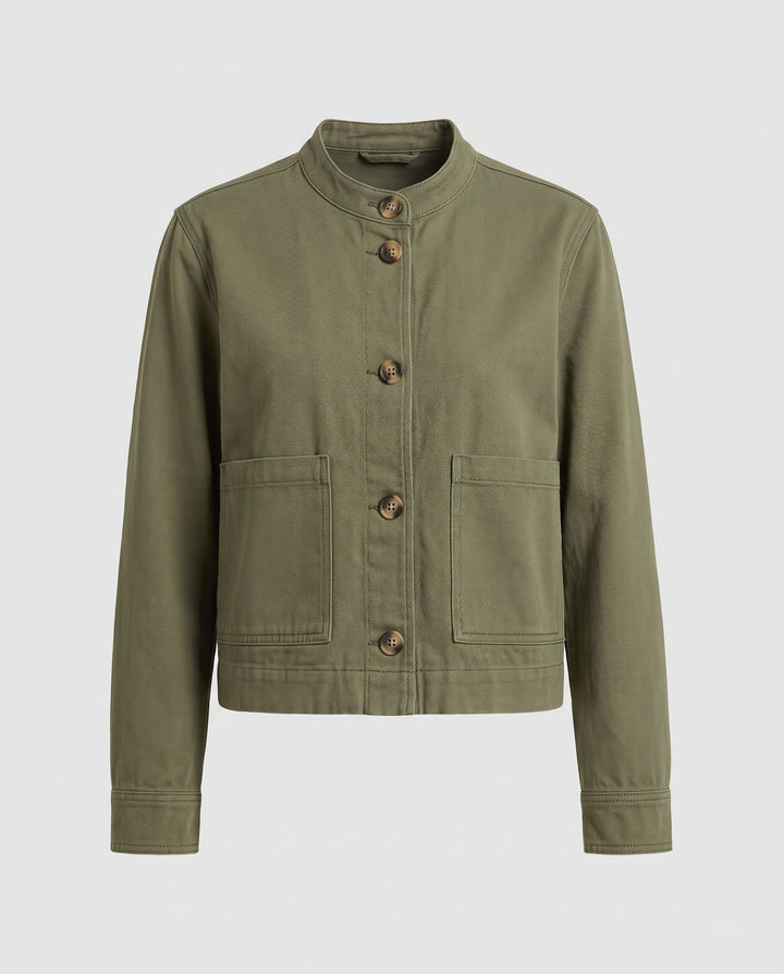 Dam kort Boxy denimjacka med Round Neck och utanpåfickor