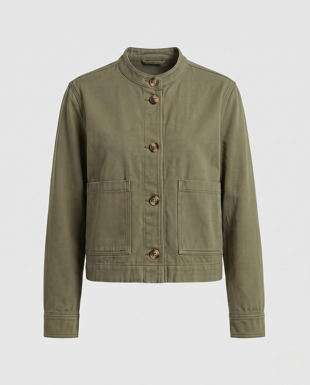 Dam kort Boxy denimjacka med Round Neck och utanpåfickor