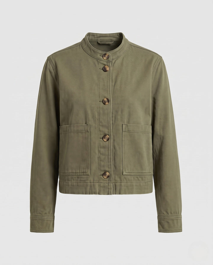 Dam kort Boxy denimjacka med Round Neck och utanpåfickor