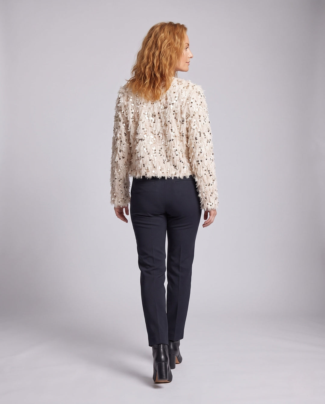 Dam Kort Sequin Teddy Jacka i Konstpäls Look med Round Neckline och Foder