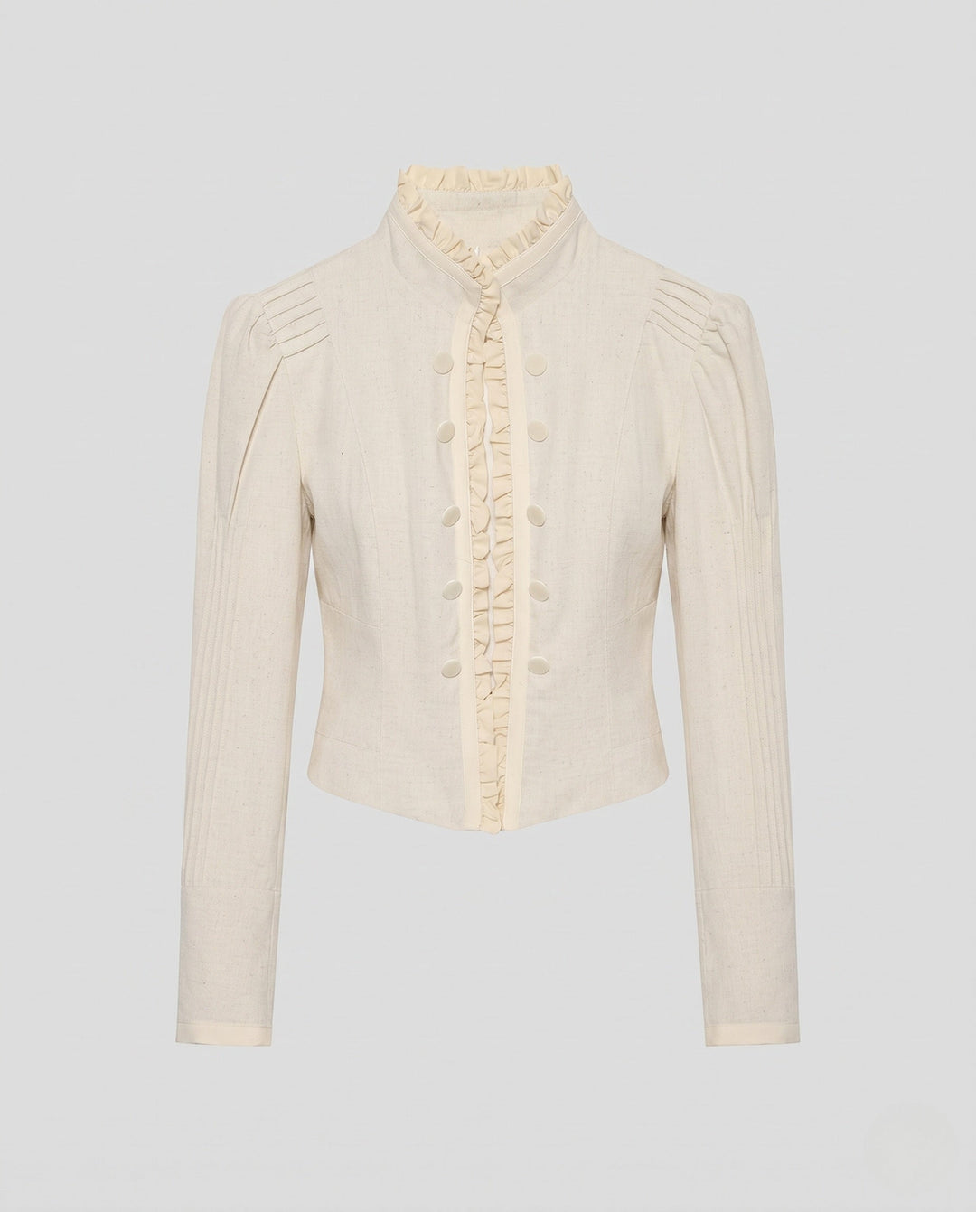 Dam Kort Figurnära Jacka med Ruffled Fåll, Ståkrage och Decorative Pleats.