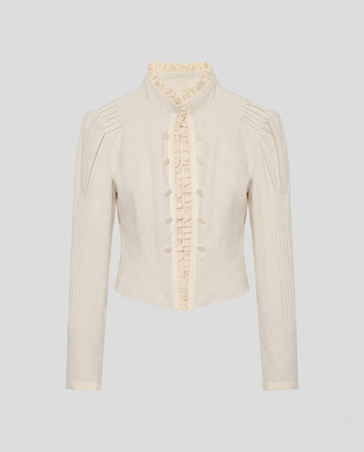 Dam Kort Figurnära Jacka med Ruffled Fåll, Ståkrage och Decorative Pleats.
