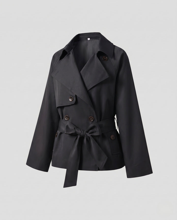 Dam kort Double-Breasted trenchcoat med midjebälte och vid Cape ärm