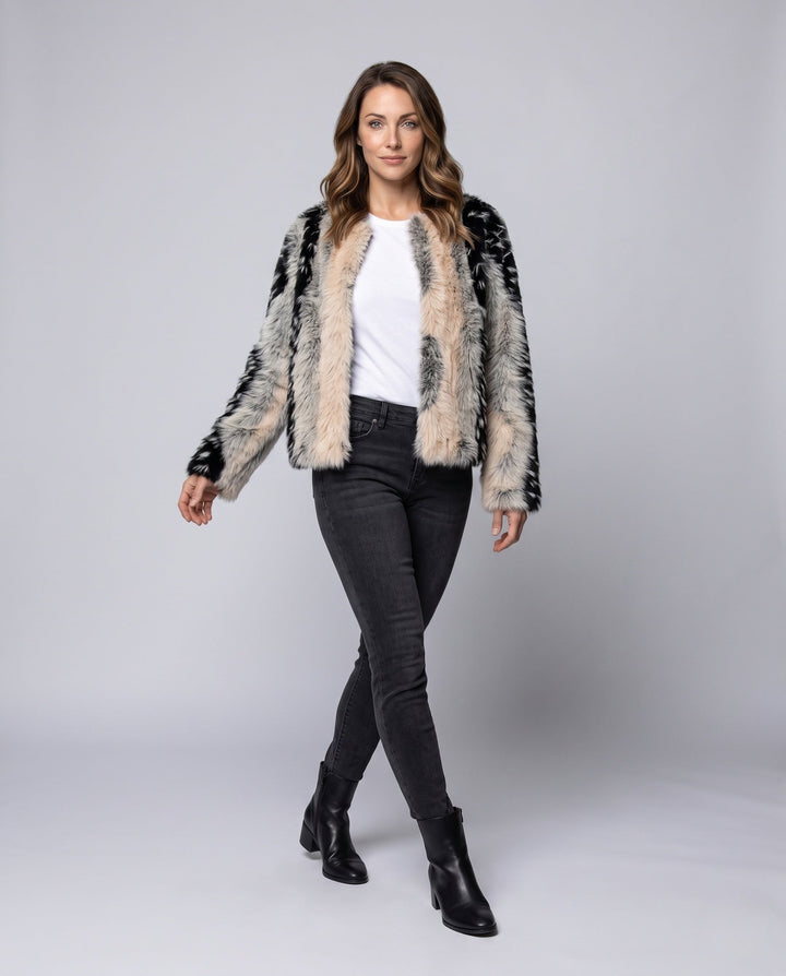 Dam kort Faux Fur jacka med kontrasterande Fur Stripes och Round Neckline