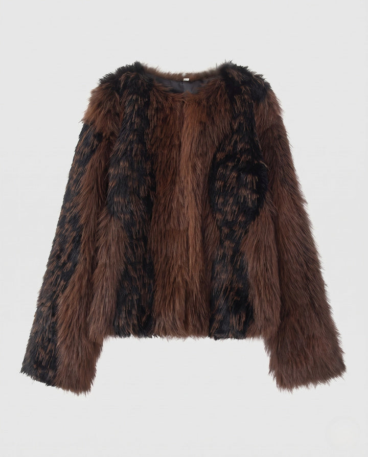 Dam kort Faux Fur jacka med kontrasterande Fur Stripes och Round Neckline