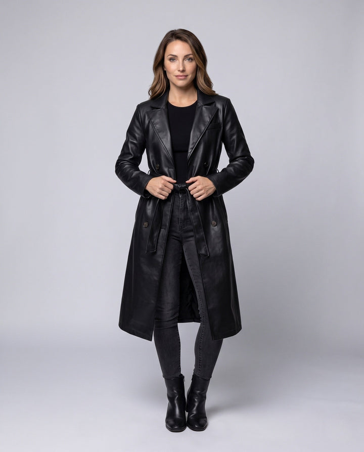 Dam Longer Skräddarsydd Trenchcoat Gjord av Vegan Läder Look med Knytbälte och Sjalrakrage