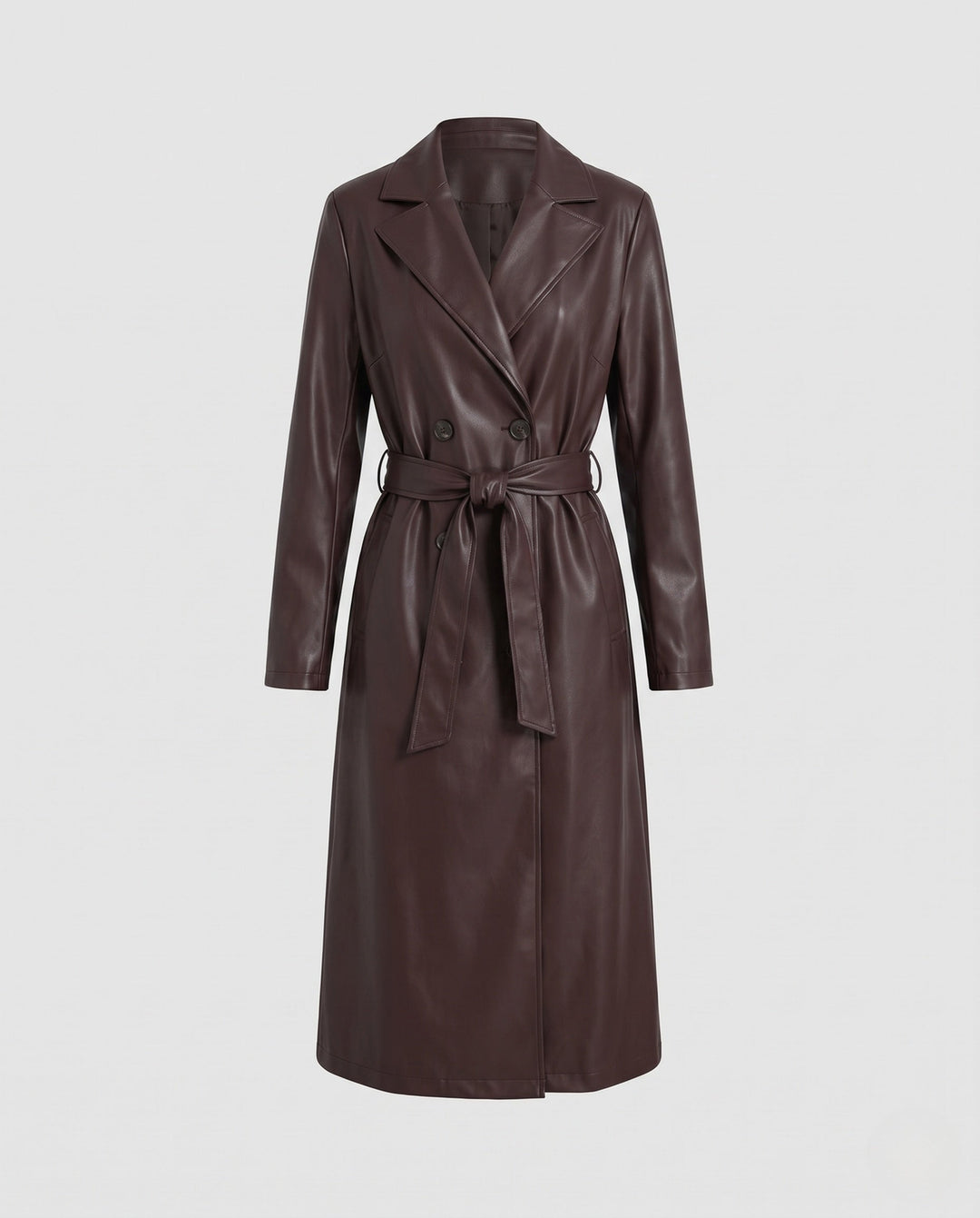 Dam Longer Skräddarsydd Trenchcoat Gjord av Vegan Läder Look med Knytbälte och Sjalrakrage