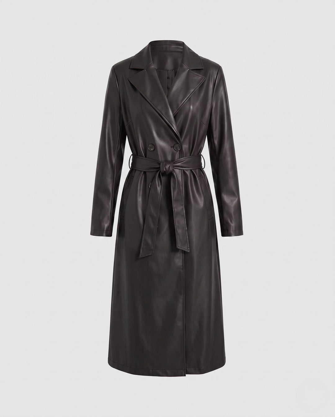Dam Longer Skräddarsydd Trenchcoat Gjord av Vegan Läder Look med Knytbälte och Sjalrakrage