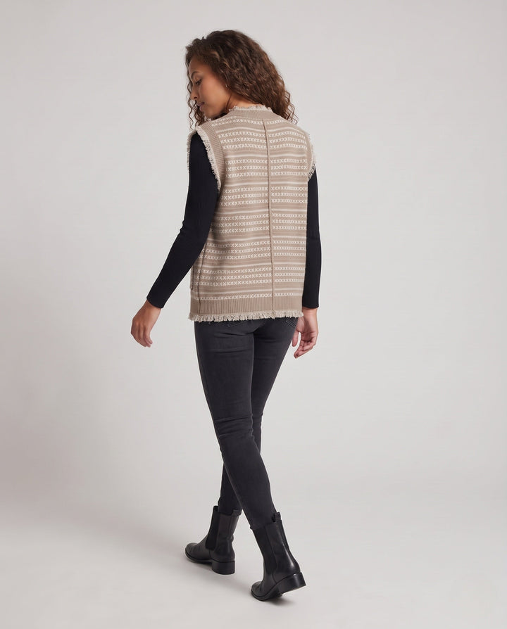 Dam ärmlös Jacquard Knit väst med knappslå, Fringes och utanpåfickor