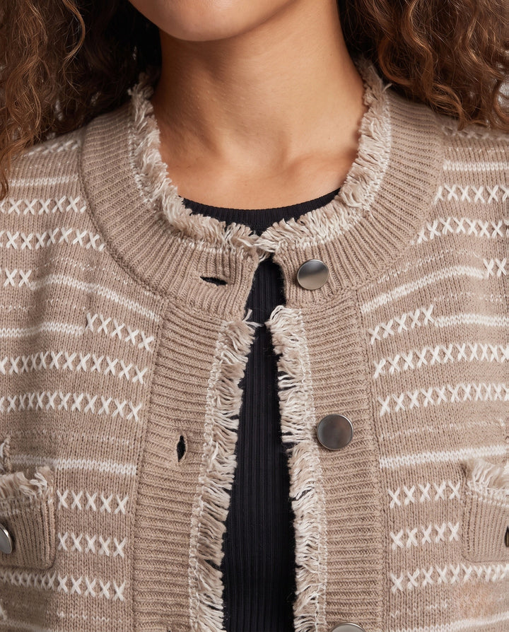 Dam ärmlös Jacquard Knit väst med knappslå, Fringes och utanpåfickor