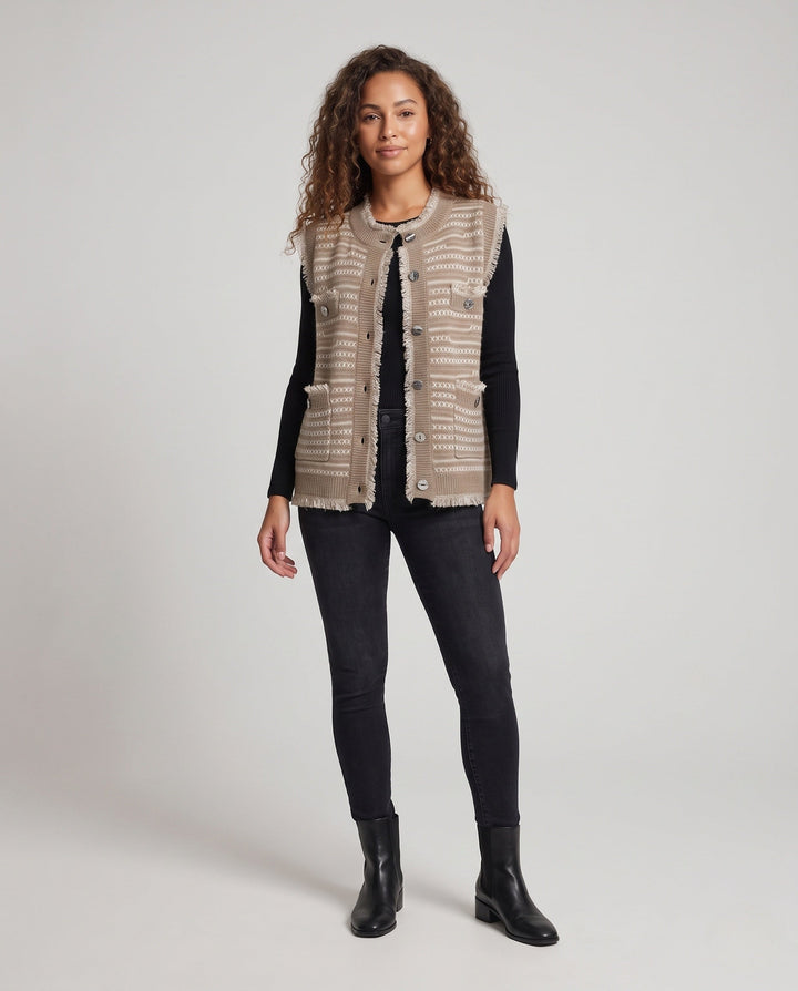 Dam ärmlös Jacquard Knit väst med knappslå, Fringes och utanpåfickor