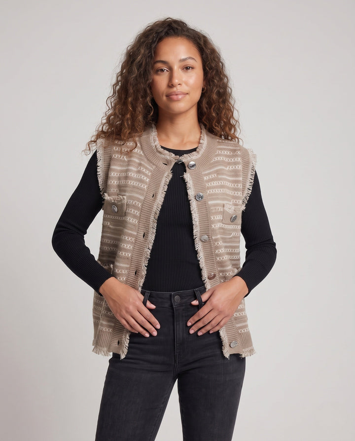 Dam ärmlös Jacquard Knit väst med knappslå, Fringes och utanpåfickor