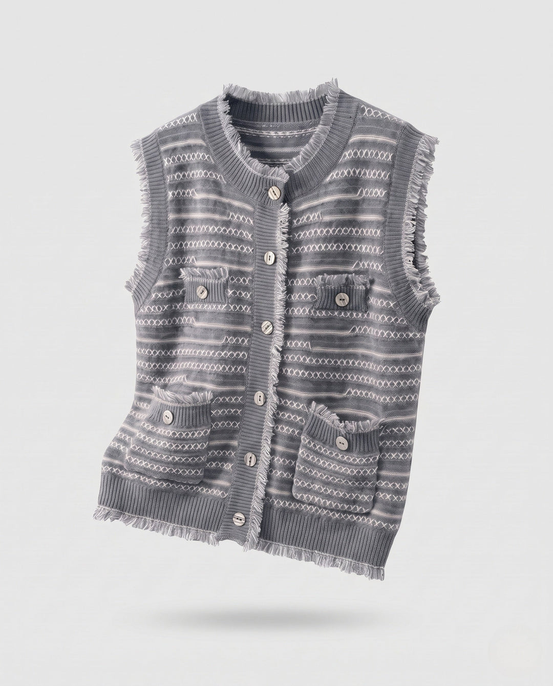 Dam ärmlös Jacquard Knit väst med knappslå, Fringes och utanpåfickor