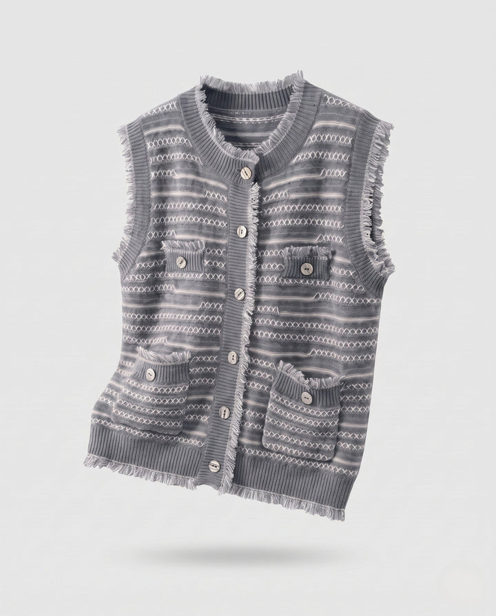 Dam ärmlös Jacquard Knit väst med knappslå, Fringes och utanpåfickor