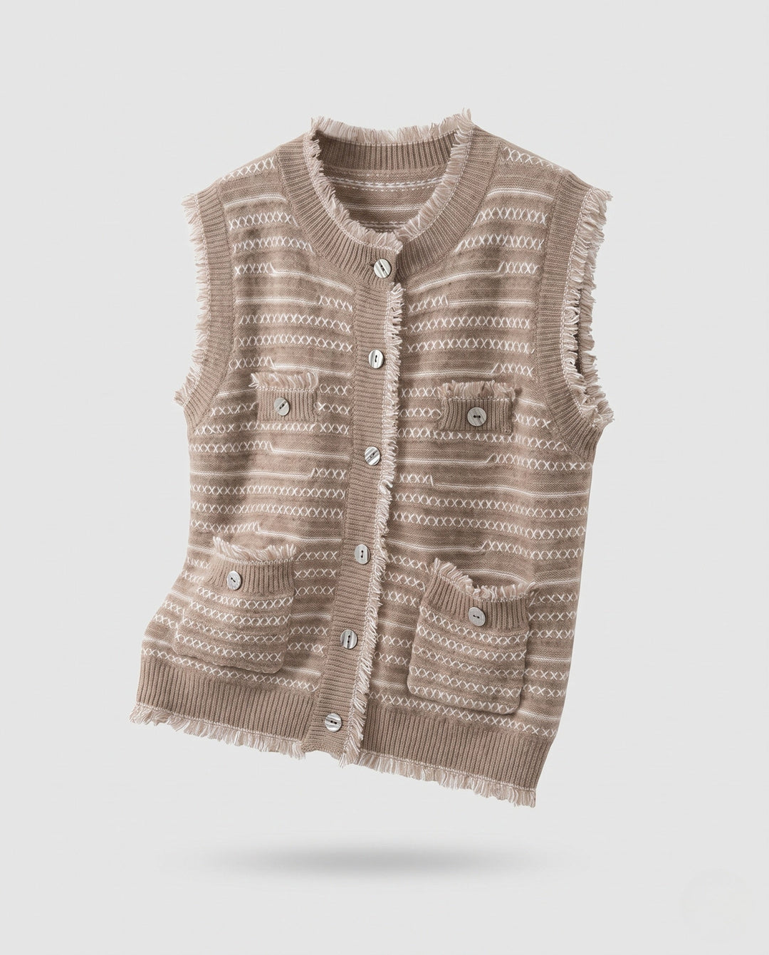 Dam ärmlös Jacquard Knit väst med knappslå, Fringes och utanpåfickor