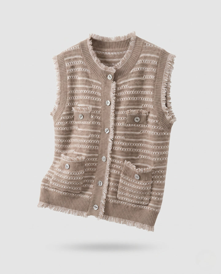Dam ärmlös Jacquard Knit väst med knappslå, Fringes och utanpåfickor