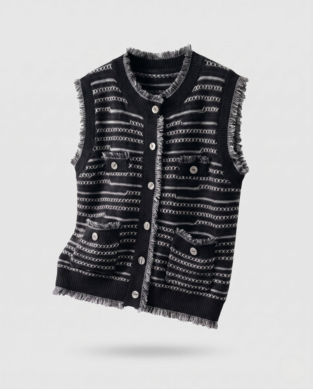 Dam ärmlös Jacquard Knit väst med knappslå, Fringes och utanpåfickor