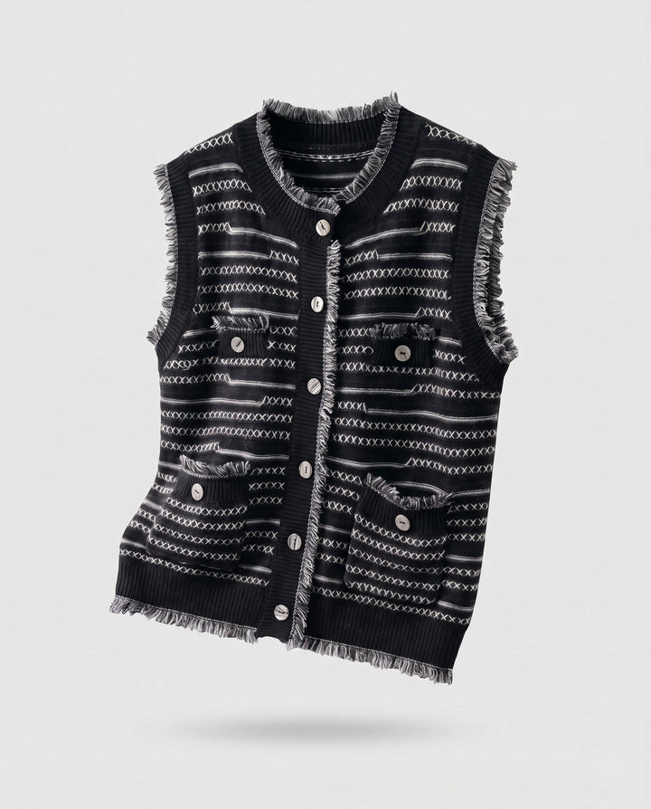Dam ärmlös Jacquard Knit väst med knappslå, Fringes och utanpåfickor