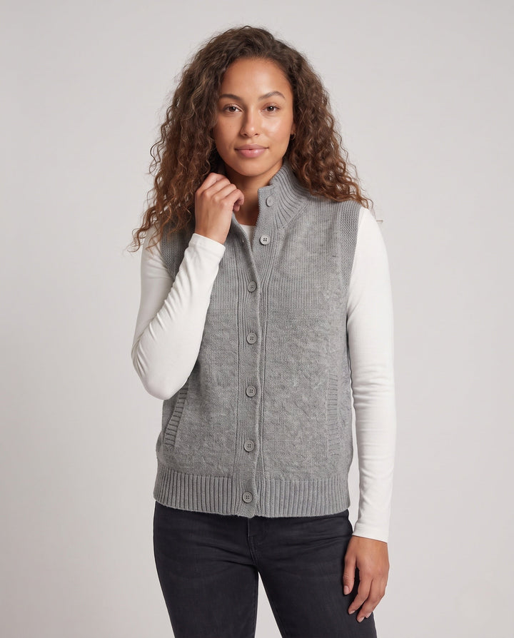 Dam ärmlös structured knit väst med hög ribbed krage, dold knappslå och inset fickor