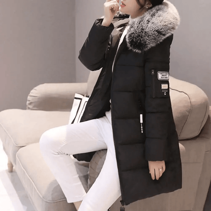 | Patched oversize Puffer Kappa med Fusk Päls Huva