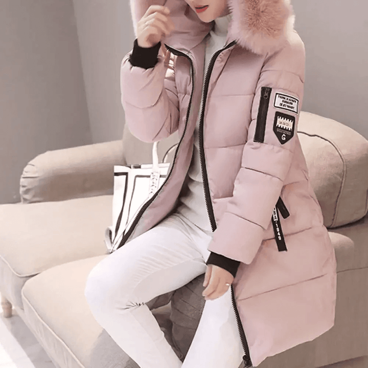 | Patched oversize Puffer Kappa med Fusk Päls Huva