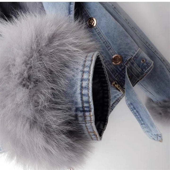 | denimjacka med Fusk Päls Krage