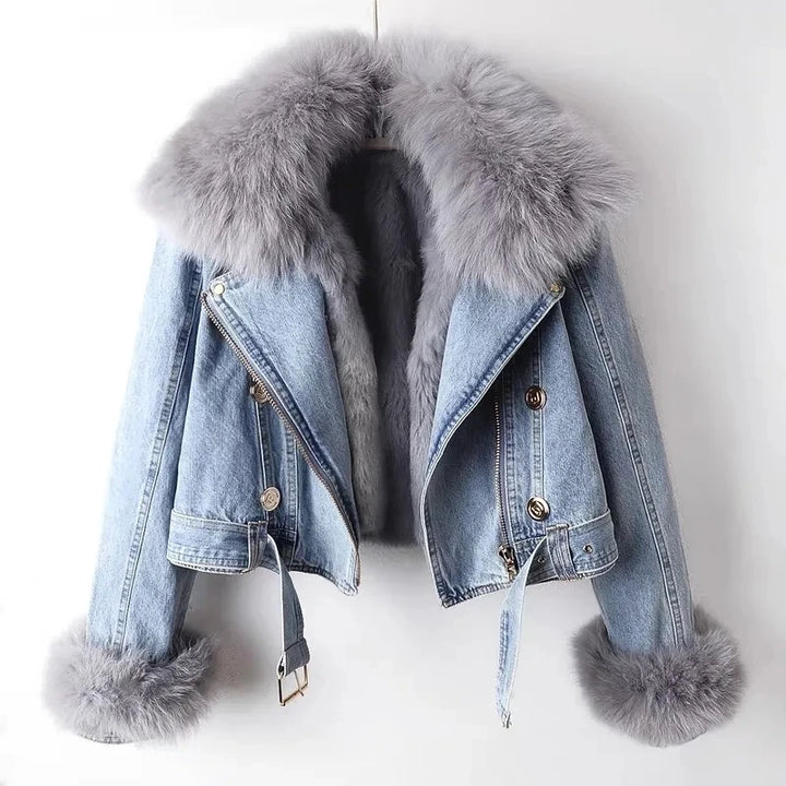| denimjacka med Fusk Päls Krage