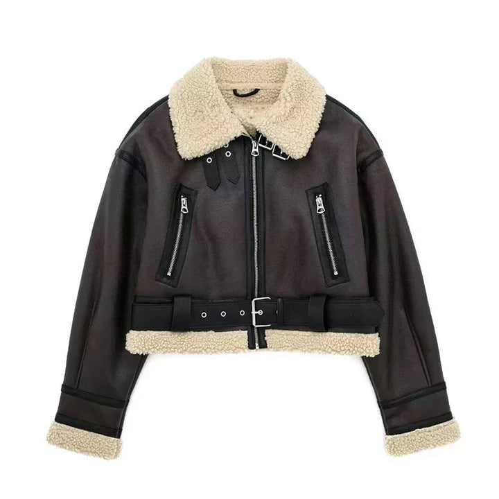 | Sheepskin Jacka - Kort Model - oversize Passform - värm Ull Foder - dragkedjestängning
