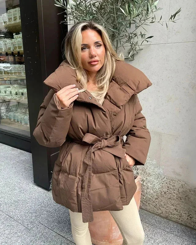 | Jacka med Belt för Dam värm Brun Jacka med oversize Krage