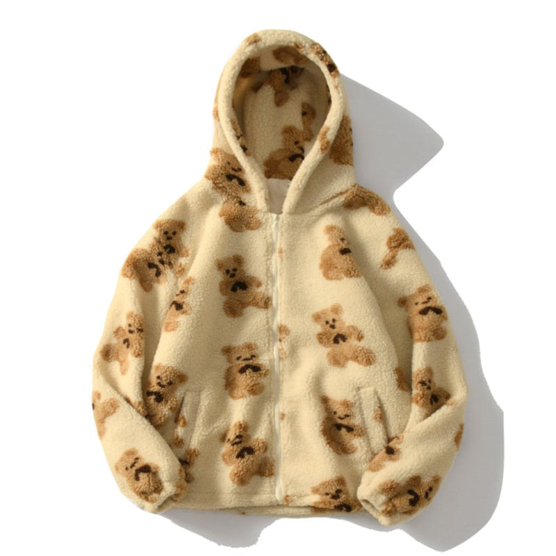 Bear Teddy Tryck Plush Jacka Fluffy Huva Outerwear