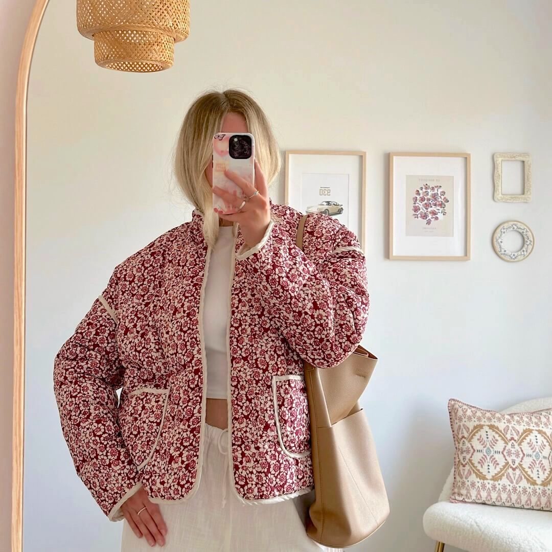 | Dam Floral quiltad Jacka med Fickor och Långa ärmar