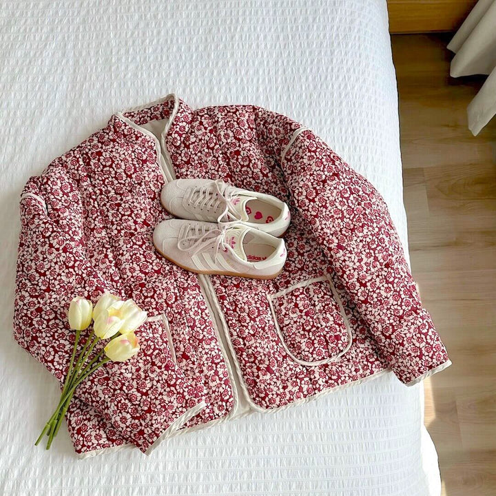 | Dam Floral quiltad Jacka med Fickor och Långa ärmar