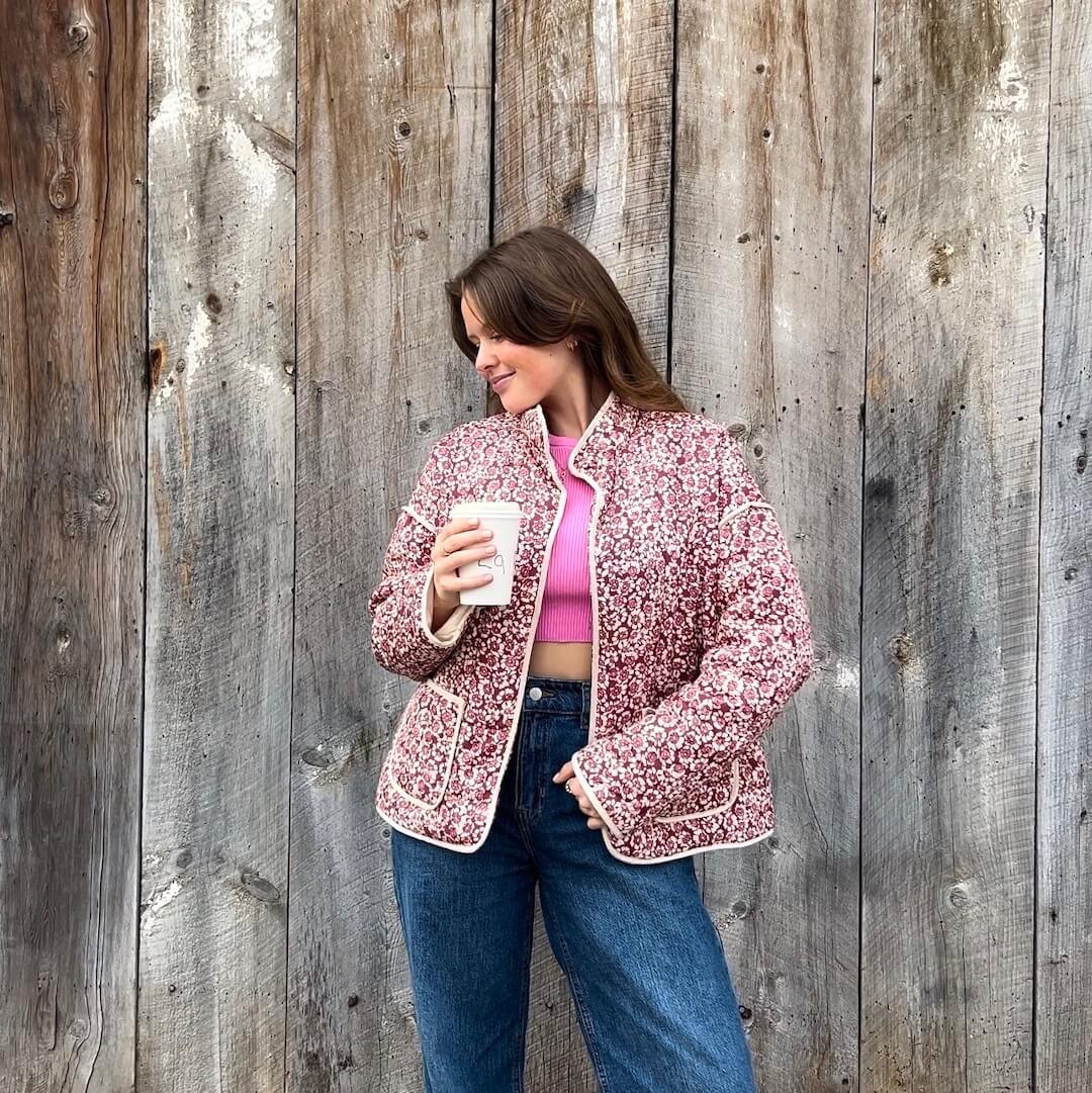 | Dam Floral quiltad Jacka med Fickor och Långa ärmar