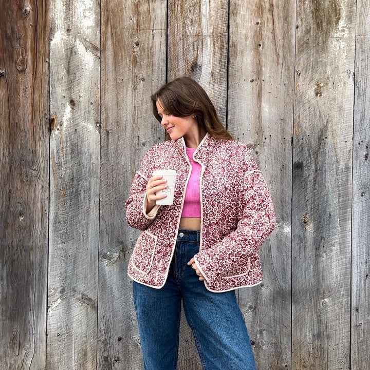 | Dam Floral quiltad Jacka med Fickor och Långa ärmar