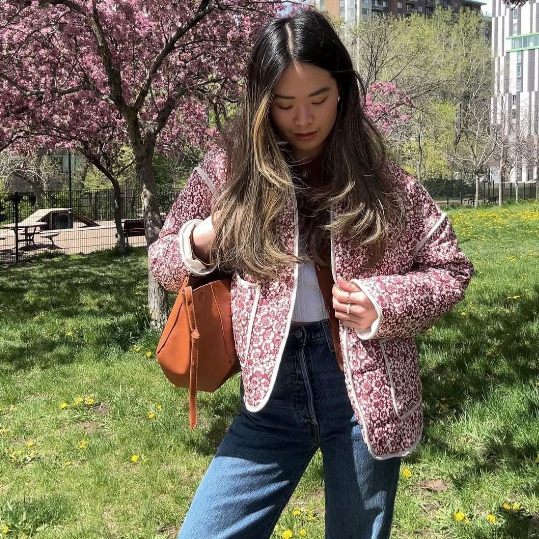 | Dam Floral quiltad Jacka med Fickor och Långa ärmar