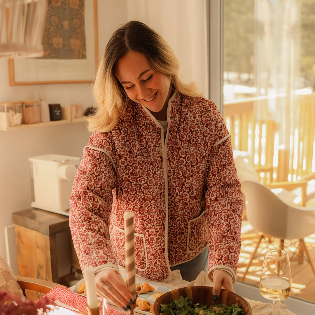| Dam Floral quiltad Jacka med Fickor och Långa ärmar