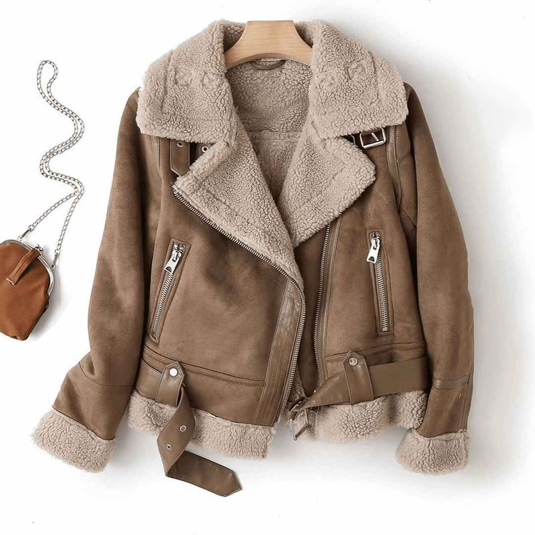 | Dam Sherpa Lined Läder Jacka med ribbade muddar
