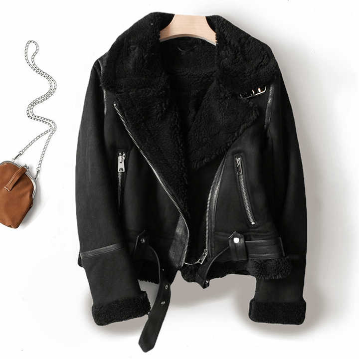| Dam Sherpa Lined Läder Jacka med ribbade muddar