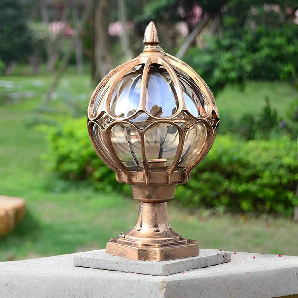 [Öppen Låda] Utomhus Glob Pelarlampor Retro Glas Glob Koppar Staketstolpe Lampa