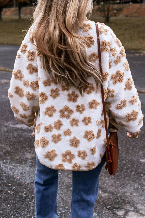 | French Beige Sweet Floral Mönster knäppslå Fleece Jacka