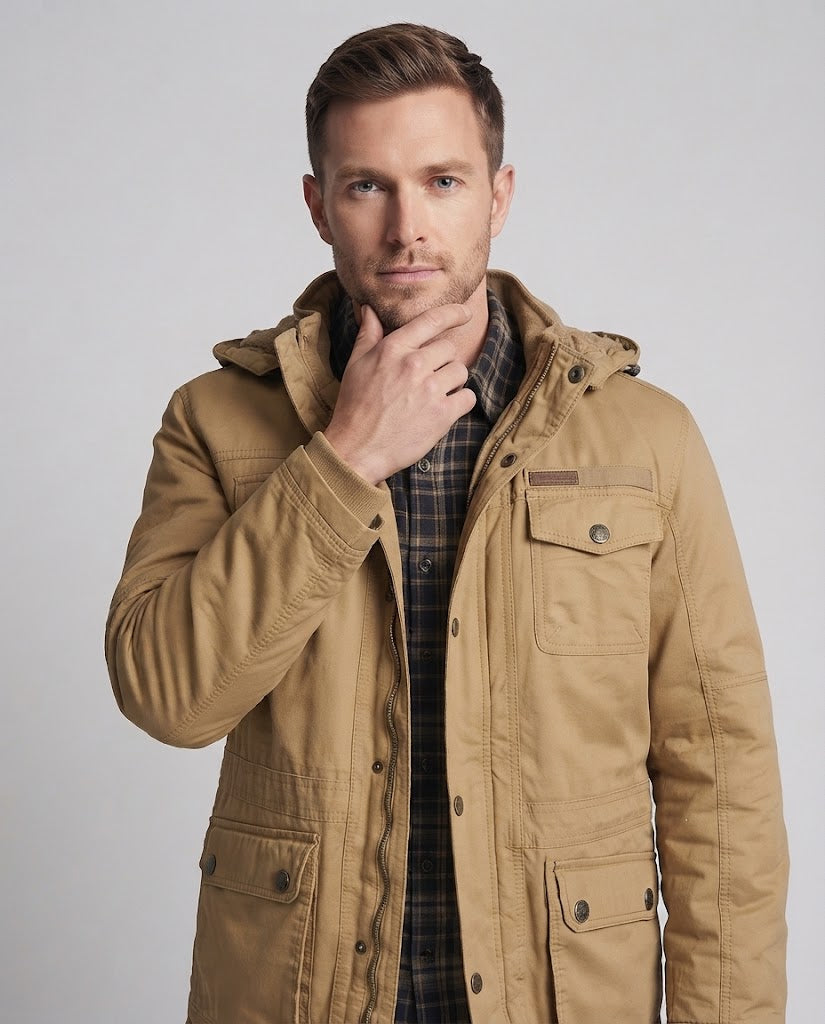 Herr värmer canvas parka med teddyfoder huva och flera fickor