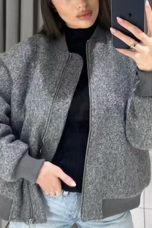 | Collarless Lång ärm Ribbad Flight Jacka