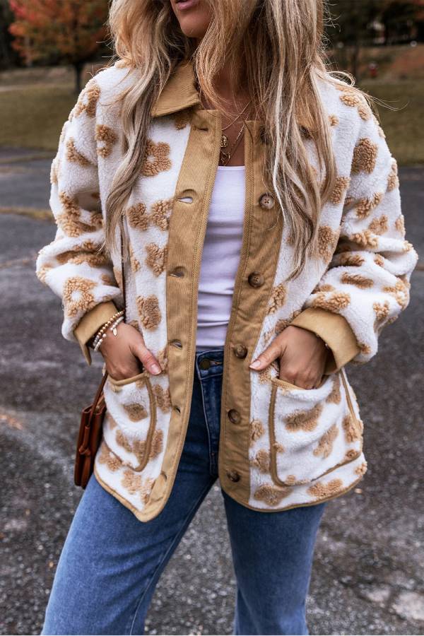 | French Beige Sweet Floral Mönster knäppslå Fleece Jacka