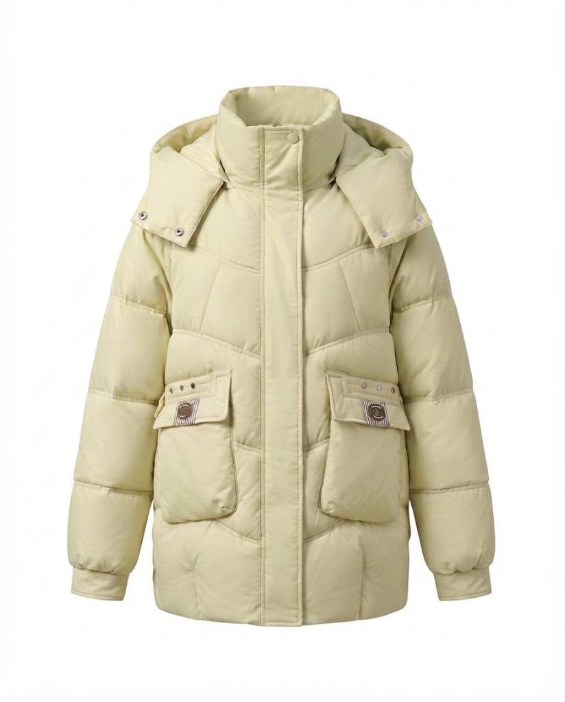 Dam Mid-Length Vadderad Parka med Hög Stå Krage Lock, Stowable Huva, och Stora Cargo Fickor